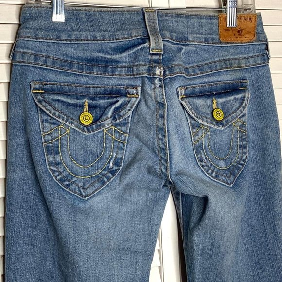 Vintage True Religion Becky Bootcut Medium Blue Stretch Jeans Leather Tab 28 - Picture 2 of 13